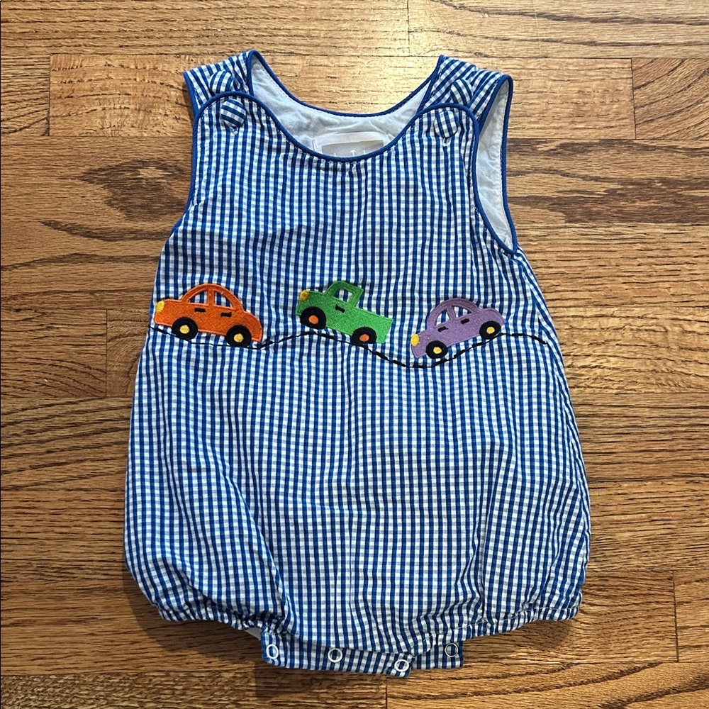 Blue Gingham Baby Bubble with Colorful Cars